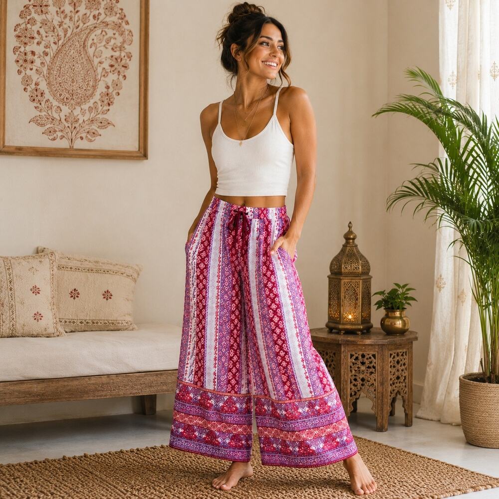 Japna Lounge Boho Wide Leg Cropped Pants Pink Purple Print Size M
